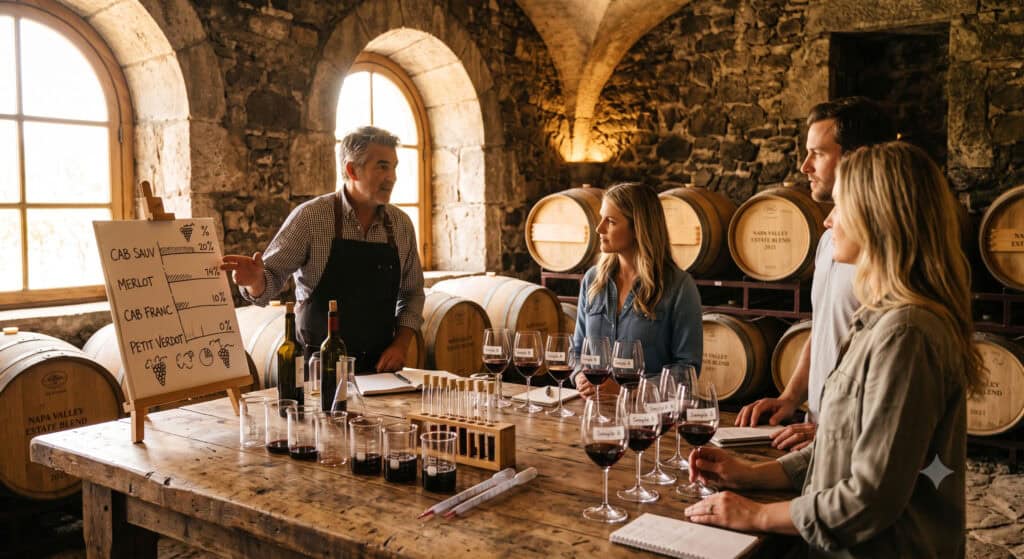 Visitors blending red wine samples in a Napa Valley cellar