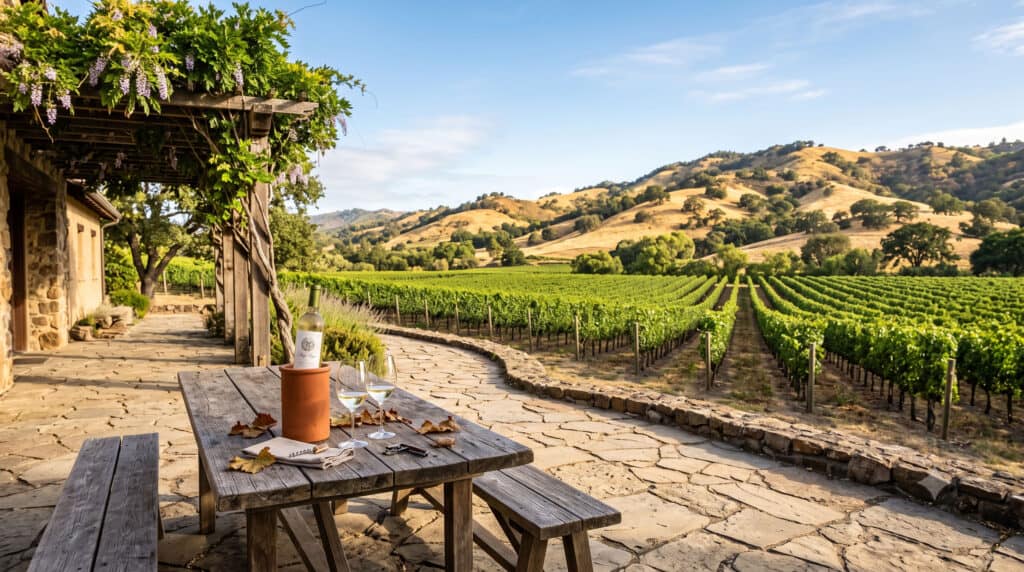 Napa Valley winery patio with two wine glasses and vineyard rows in morning light