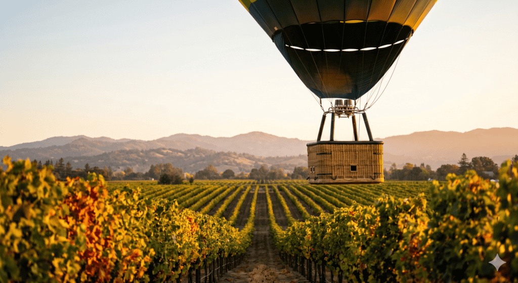 Hot air balloon drifting over Napa Valley vineyards at golden hour during sunrise.