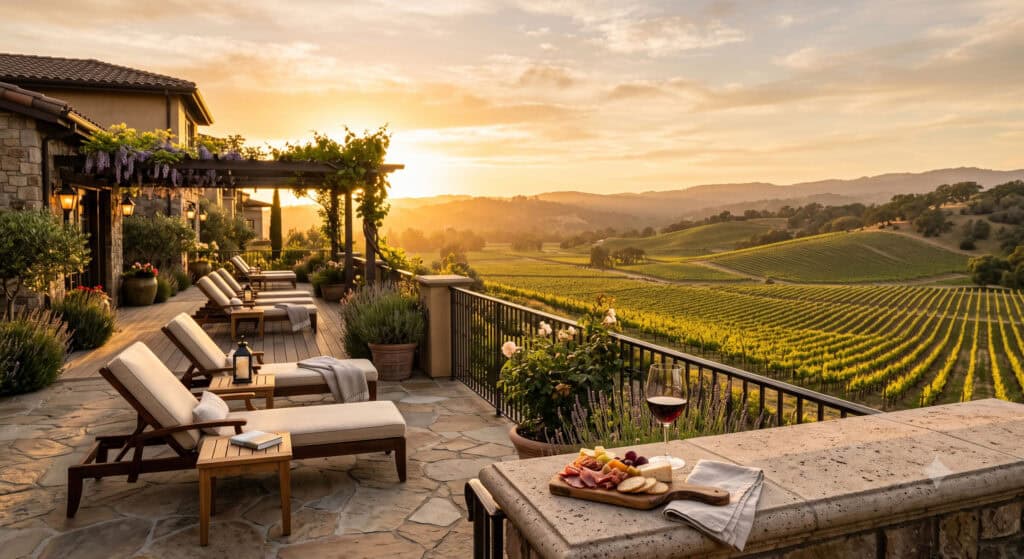 Luxury hotel terrace with vineyard views at golden hour in Napa Valley California