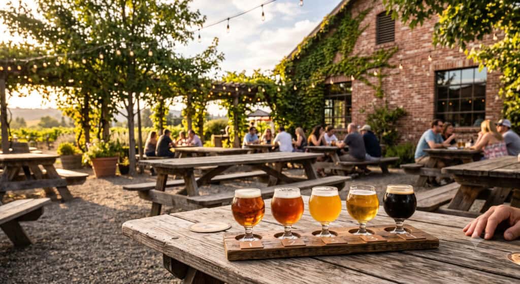 Craft beer flight at an outdoor Napa Valley brewery beer garden