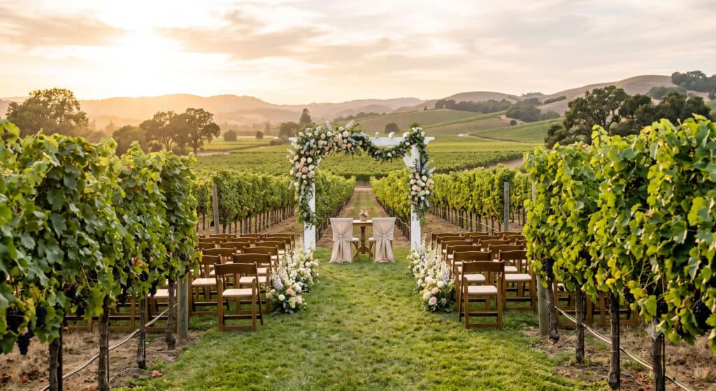 Vineyard wedding ceremony arch at golden hour in Napa Valley wine country
