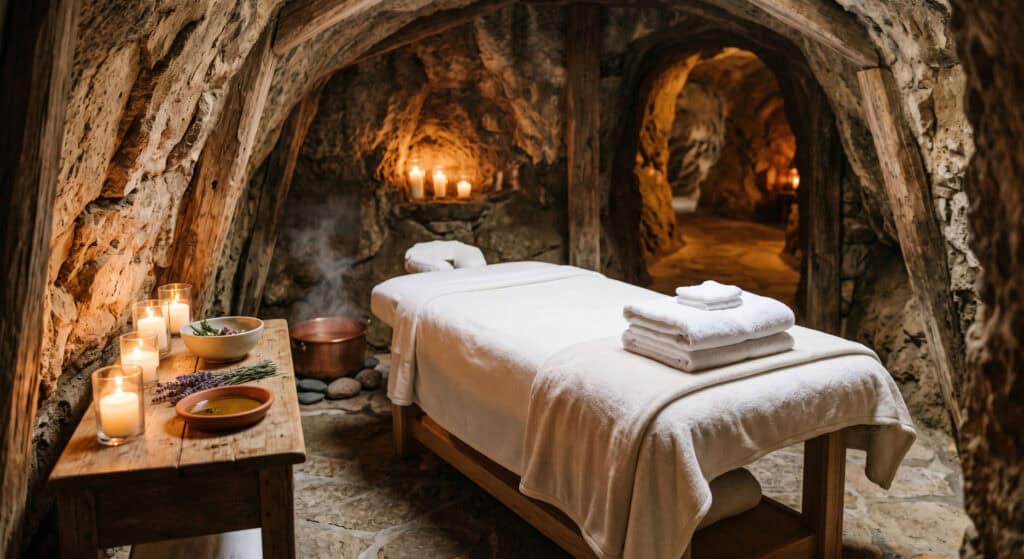 Candlelit cave-style spa treatment room in Napa Valley wine country