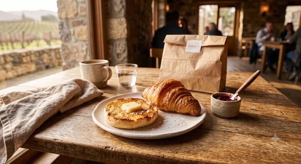 Freshly baked English muffin and croissant on a rustic table at a Napa Valley bakery in morning light.