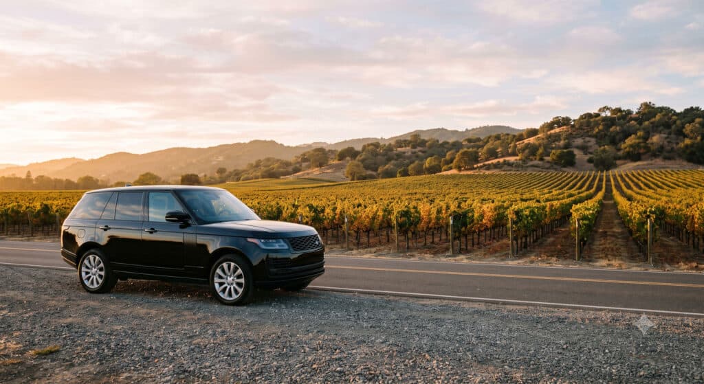 Luxury black SUV parked on the Silverado Trail with Napa Valley vineyard rows in golden afternoon light