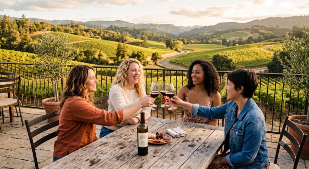 Women toasting wine glasses on a Napa Valley vineyard patio