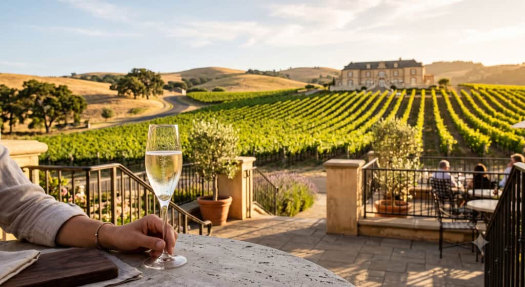Glass of sparkling wine on a Napa Valley winery terrace at sunset
