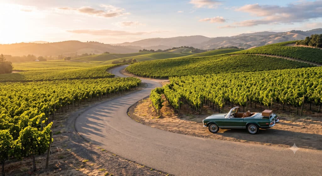 Vineyard road at golden hour on a Napa Valley itinerary from Sacramento