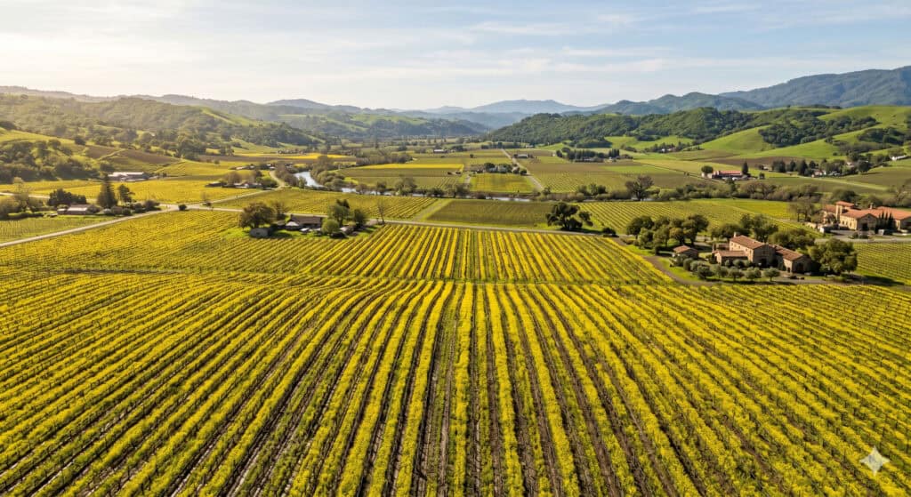 Golden mustard flowers blooming between dormant grapevine rows in Napa Valley during winter season