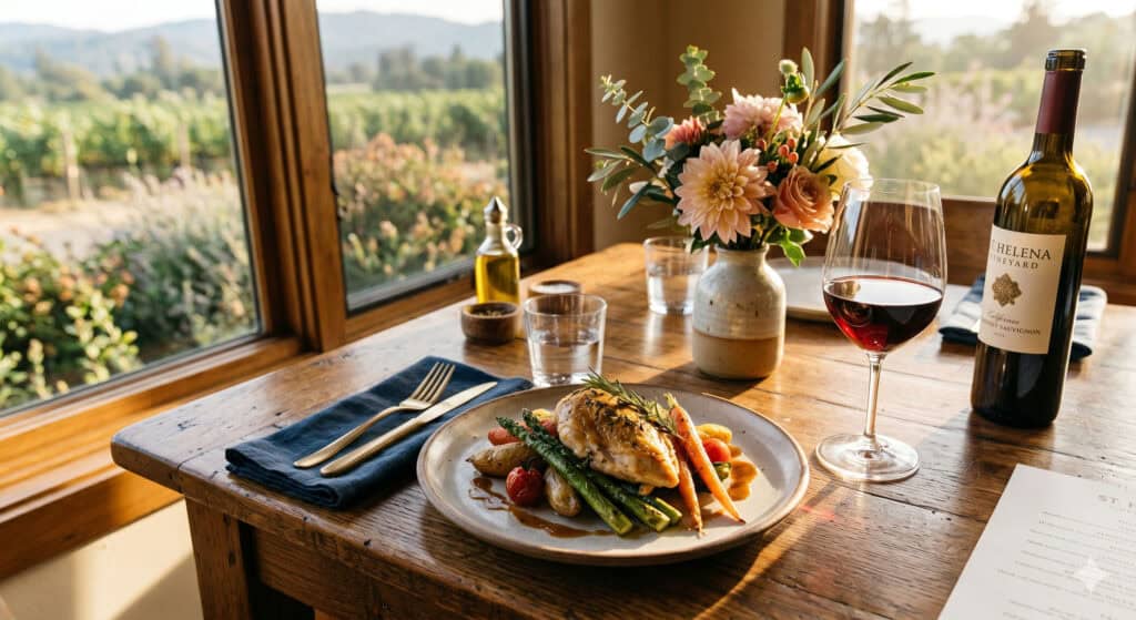 A plated farm-to-table dinner at a St. Helena restaurant with vineyard views and California wine.