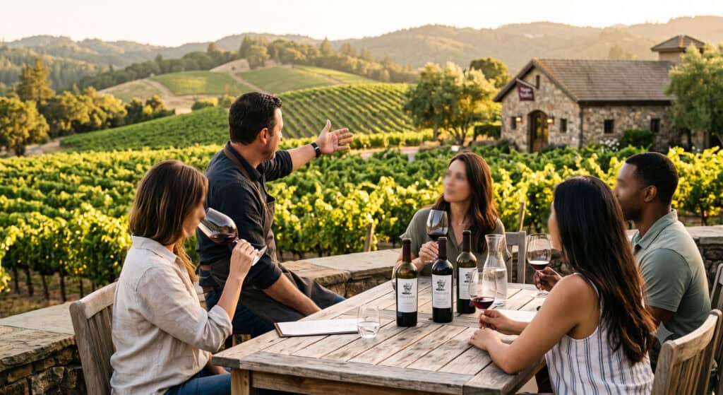 Small group wine tasting at an outdoor Napa Valley vineyard table