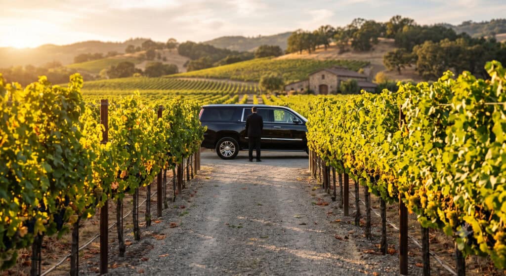 Chauffeured SUV parked beside a Napa Valley vineyard row during a private wine tour
