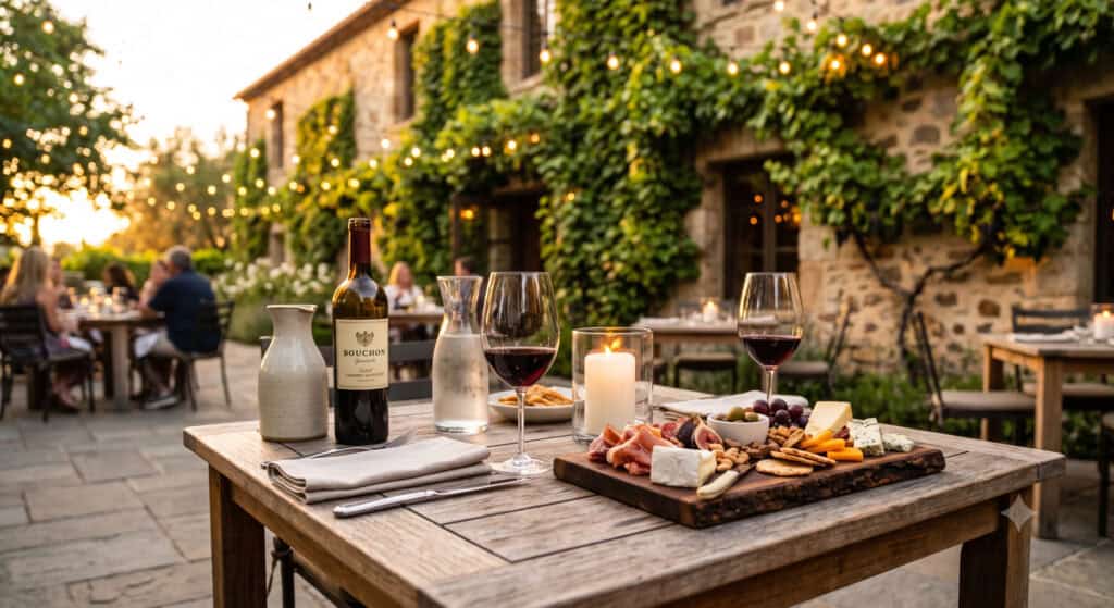 Outdoor bistro table with wine at a Yountville restaurant