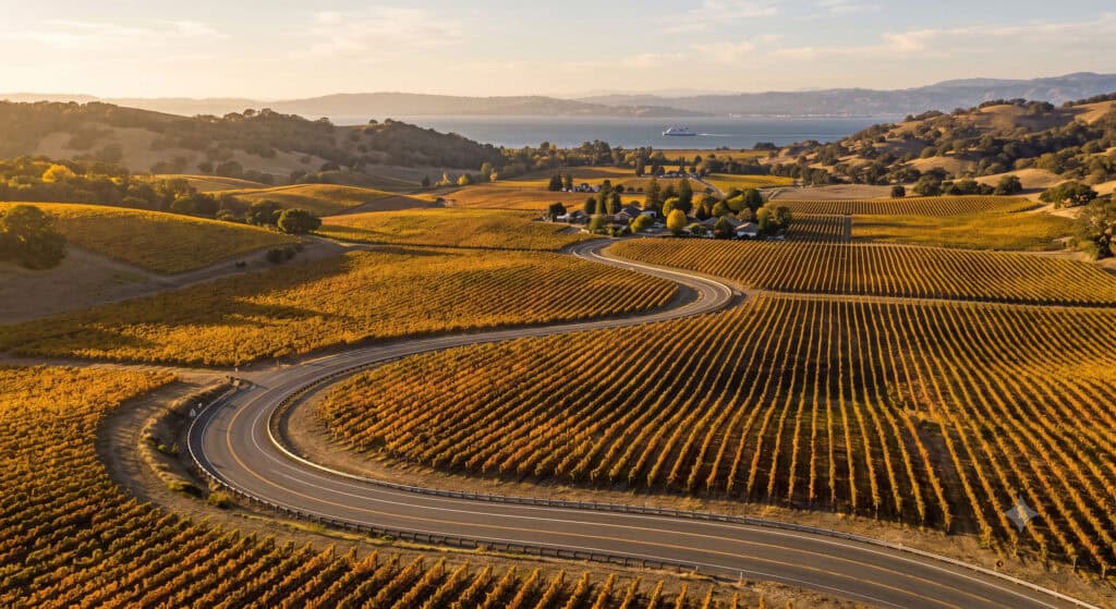 Road winding through Napa Valley vineyards showing the best way to get to Napa Valley