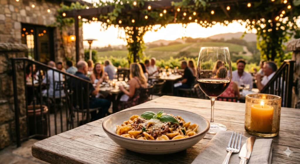 Rustic Italian pasta dish on a candlelit Napa Valley restaurant patio at golden hour