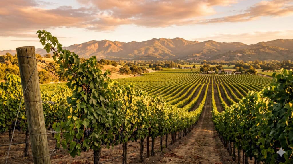 Cabernet Sauvignon vineyard rows in Napa Valley at golden hour with mountain backdrop.