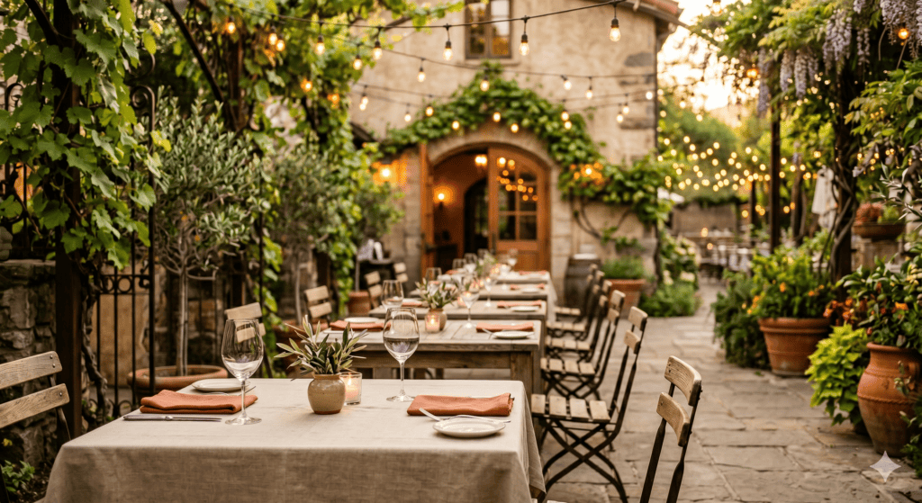 Outdoor restaurant patio with string lights and wine glasses set for dinner in Calistoga, Napa Valley.