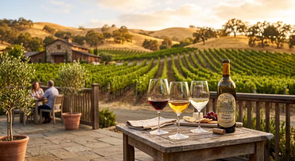 Wine glasses on a patio table overlooking Napa Valley vineyards