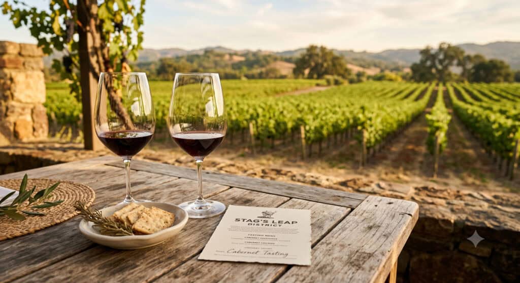 Two glasses of red wine on a wooden patio table at an affordable Napa Valley wine tasting, with vineyard rows in the background.