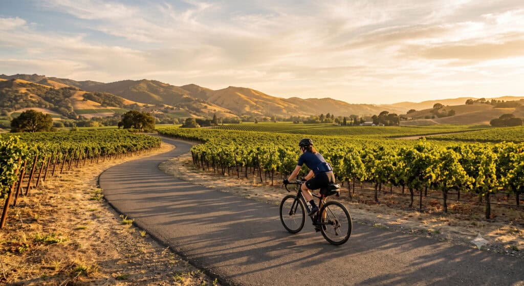 Cyclist riding the Napa Valley Vine Trail past golden vineyards