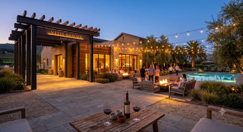 Casa Mani Resort Napa Valley pool and patio at twilight