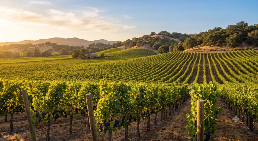 Napa Valley vineyard rows at sunset showing trip cost scenery