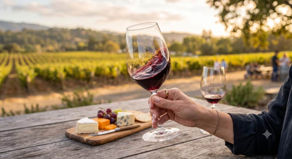 Hand swirling red wine glass at Napa Valley tasting room