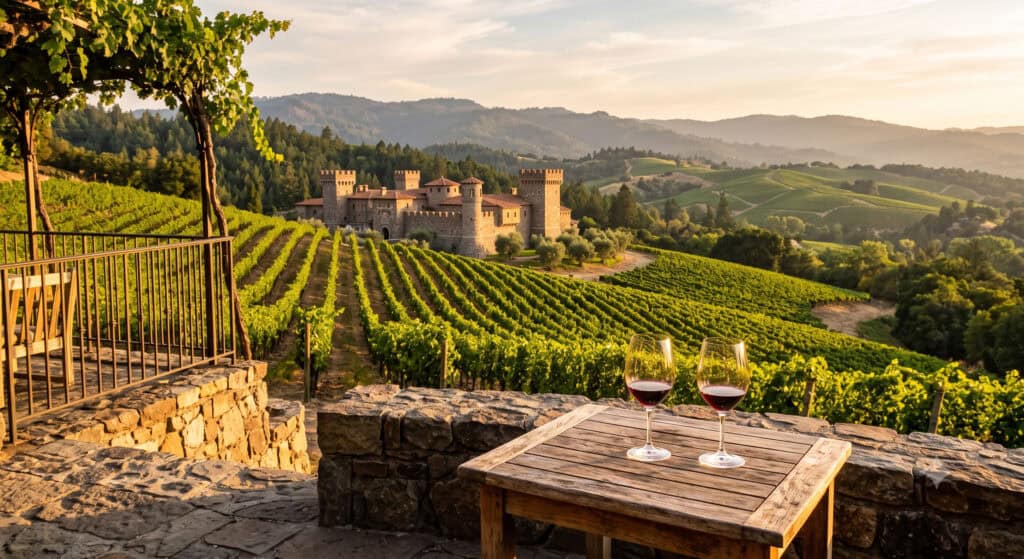 Stone castle winery turret rising above Napa Valley vineyard rows