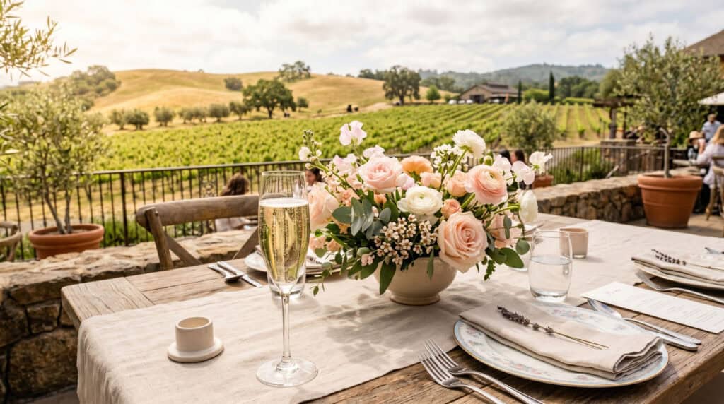 Mother's Day brunch table with sparkling wine on a Napa Valley winery terrace in spring