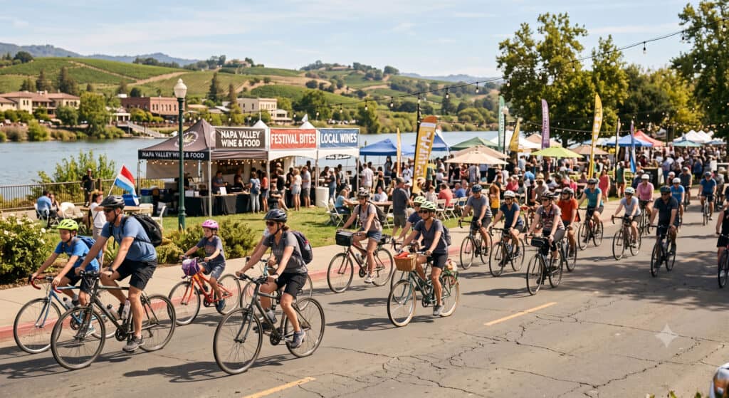 Cyclists riding through Napa Bikefest festival grounds