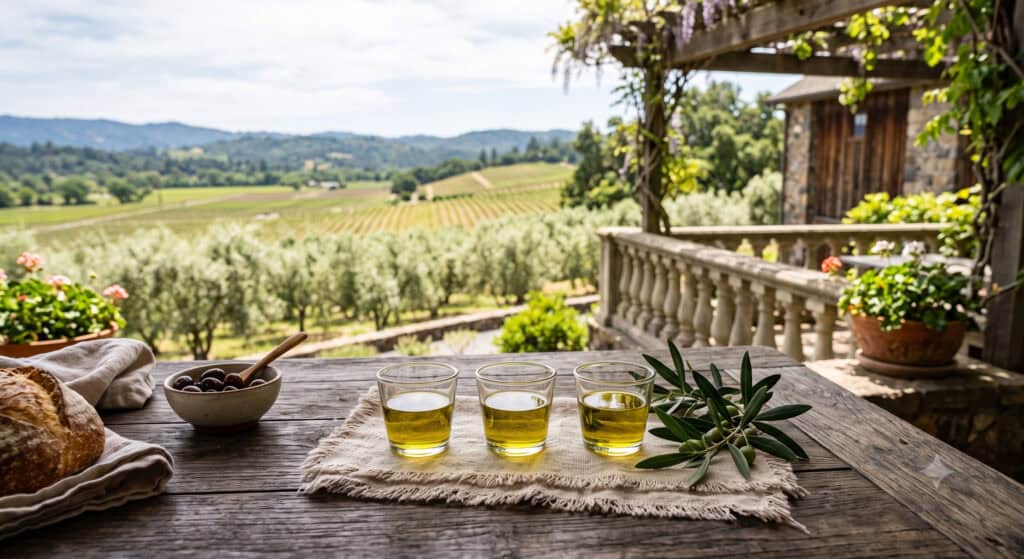 Olive oil tasting cups on a table in Napa Valley