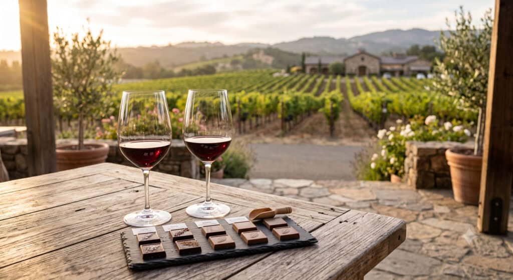 Wine glasses and artisan chocolate flight at a Napa Valley wine and chocolate tasting
