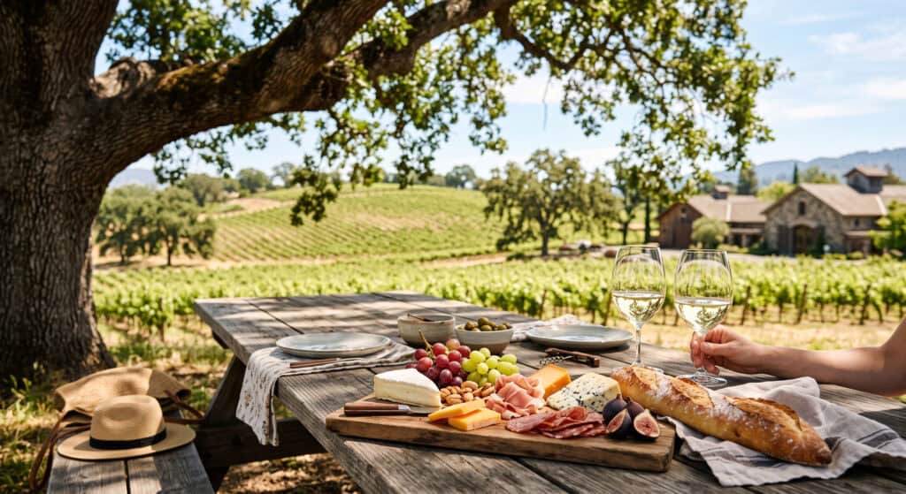 Picnic table with cheese board and wine at a Napa Valley winery