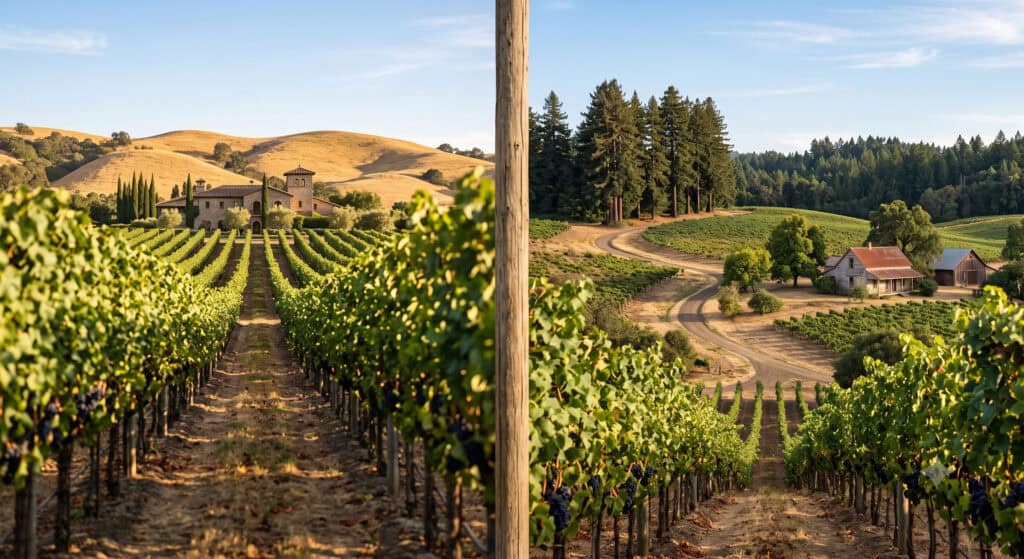 Split view comparing Napa Valley and Sonoma County vineyards