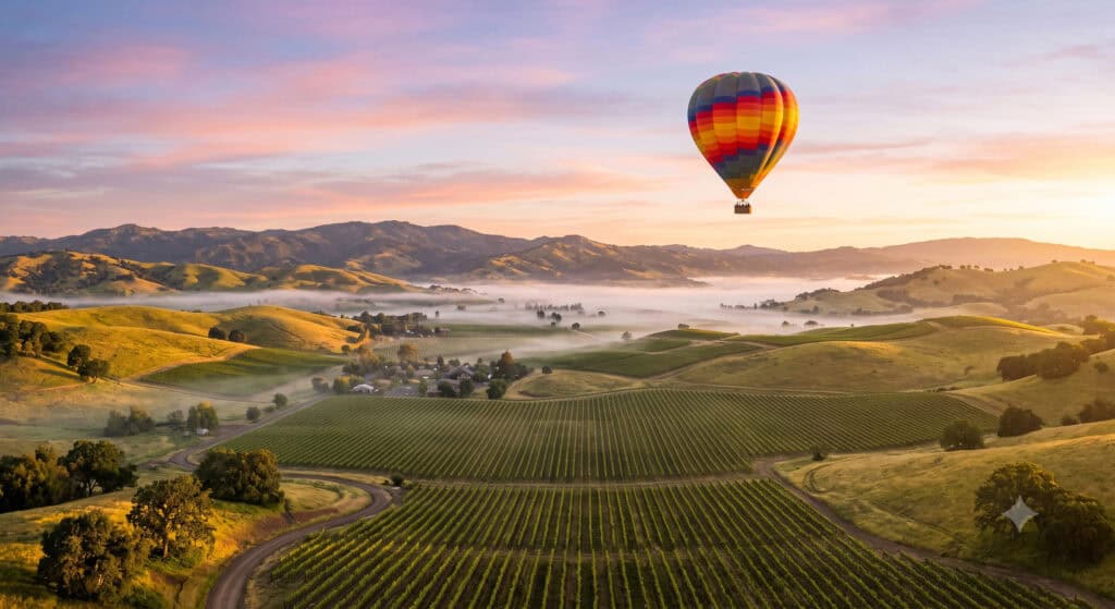 Hot air balloon rising over Napa Valley vineyards at sunrise