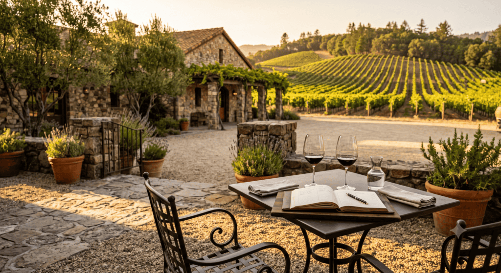 Reserved tasting table overlooking Napa Valley vineyard rows