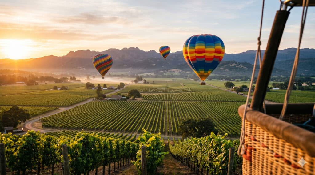 Hot air balloon rides over Napa Valley vineyards at sunrise with mountain views in the distance.