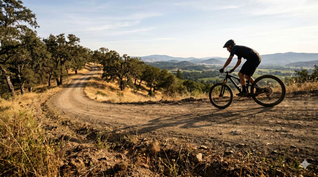 Mountain biker riding a dirt trail through oak woodland above Napa Valley on a sunny morning