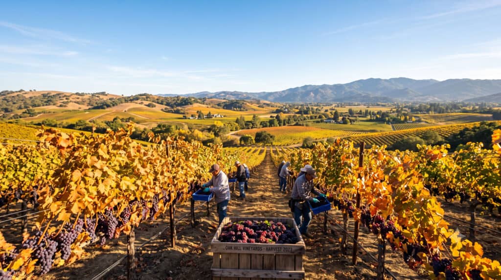 Clusters of red grapes hanging from golden vines in Napa Valley during harvest season.