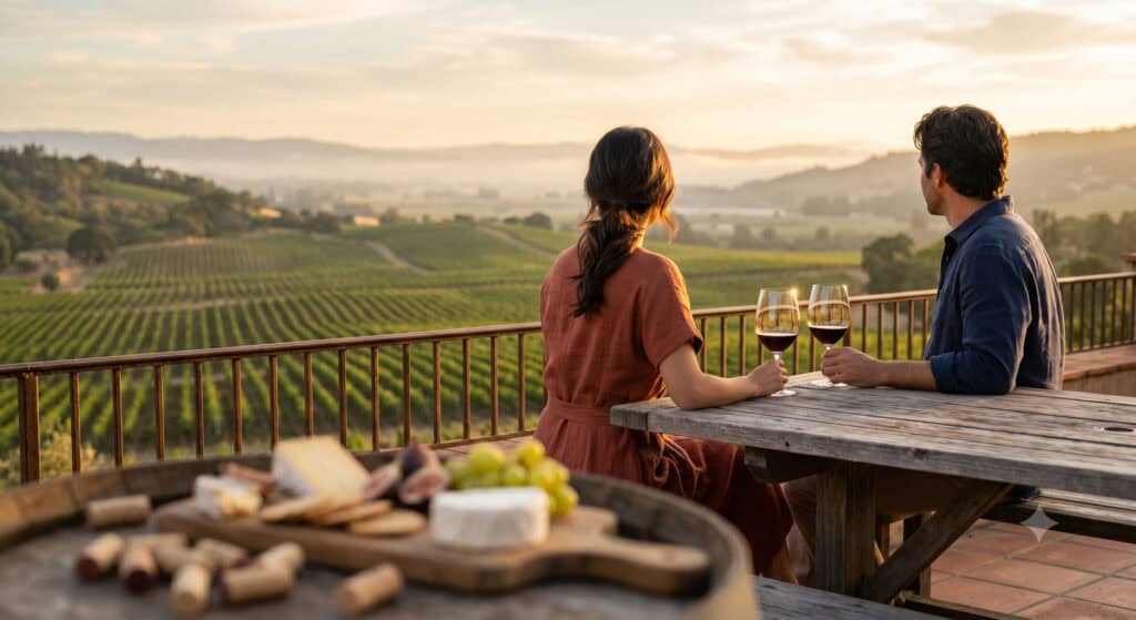 Couple sharing red wine at a sunlit Napa Valley winery terrace at golden hour
