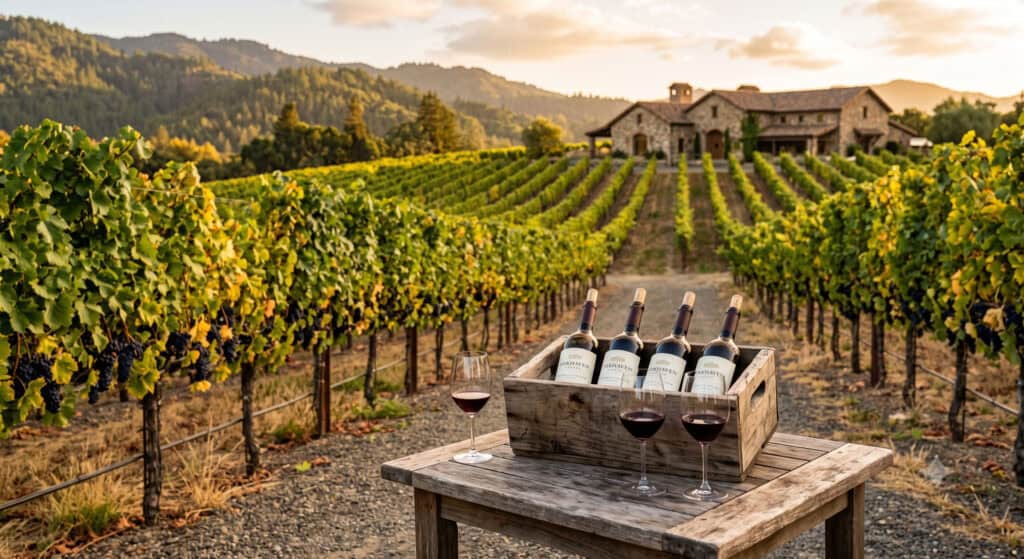 Wine club shipment crate and glasses in Napa Valley vineyard