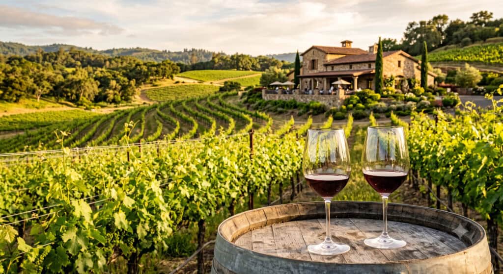 Wine glasses on a barrel overlooking a Napa Valley vineyard at sunset