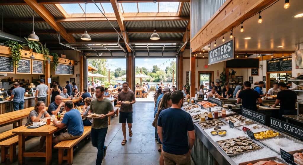 Indoor-outdoor food hall at Oxbow Public Market in downtown Napa