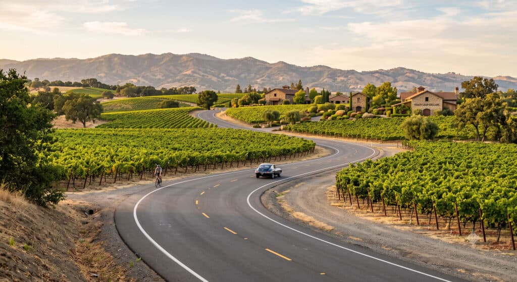 Silverado Trail scenic drive through Napa Valley vineyard rows